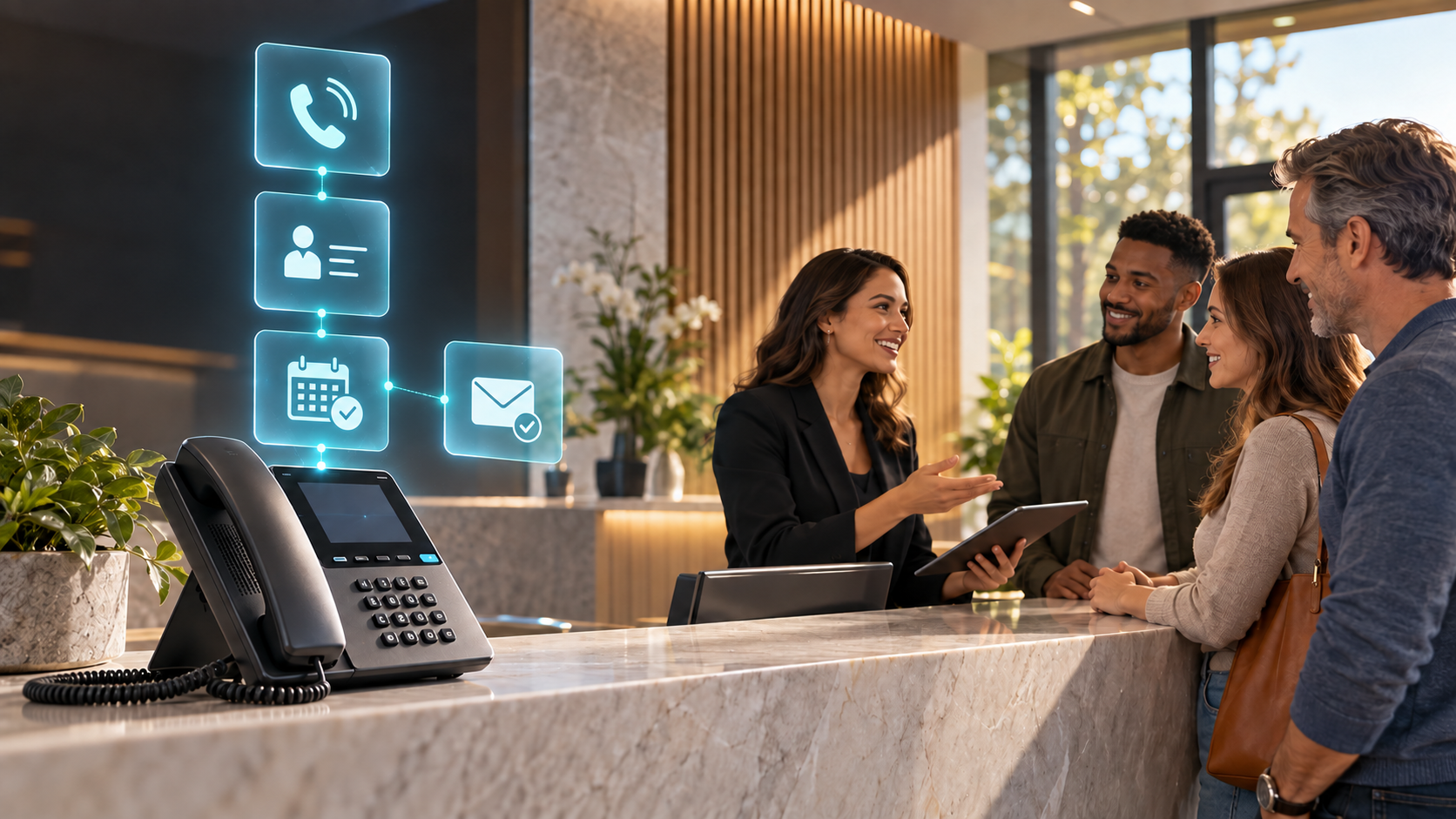 A desk phone with vertically stacked holographic call, lead, and appointment workflow panels while a receptionist helps three customers