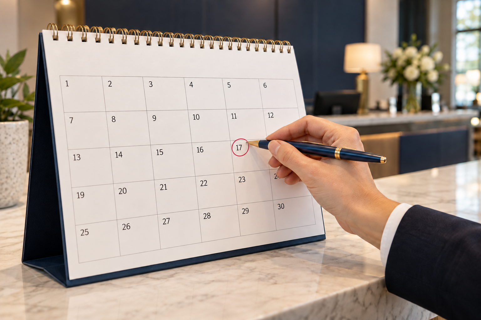 A large calendar with visible day numbers and a pen pointing at a circled appointment date
